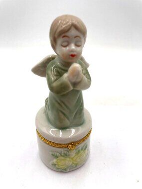 Praying Angel Trinket Box Figurine With Gold Trim & Floral Design Porcelain